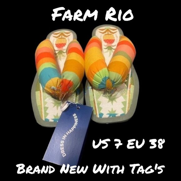 FARM Rio Shoes - Farm Rio Women's Puffy Rainbow Pineapple Flip Flop Sandals - US 7, EU 38 New